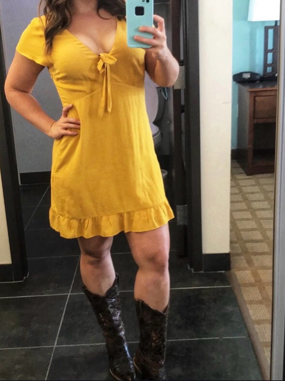 Abercrombie & Fitch Mustard Yellow V-Neck Tie-Front Mini Dress